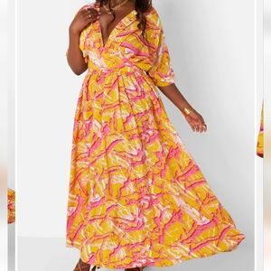KIMONO SLEEVE PLEATED MAXI SKATER DRESS